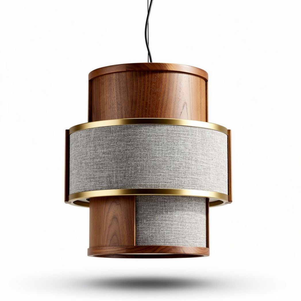 Suspension en bois avec abat-jour en tissu gris dimensions 20 x 20 x 30cm