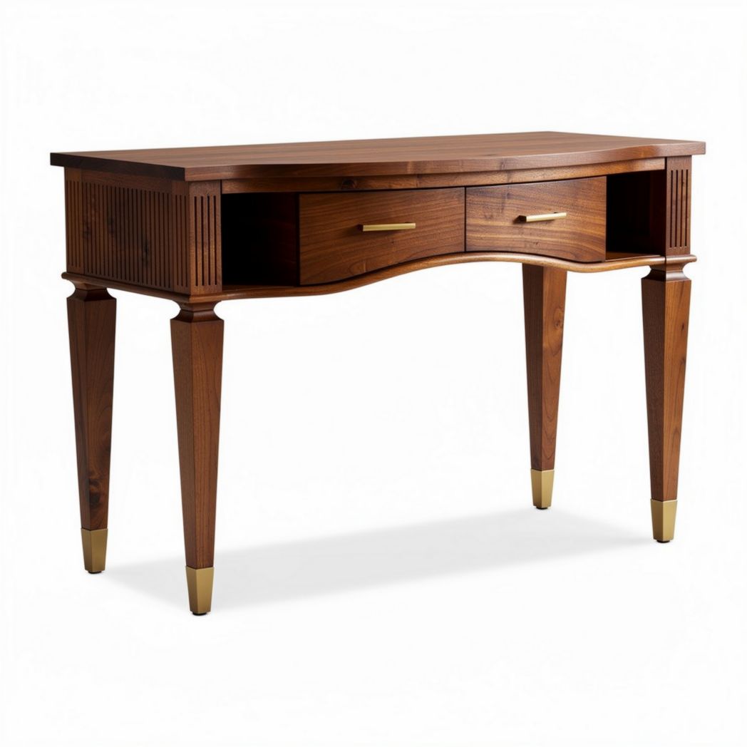 Bureau en bois de noyer avec deux tiroirs et pieds en métal doré 120 x 60 x 75cm