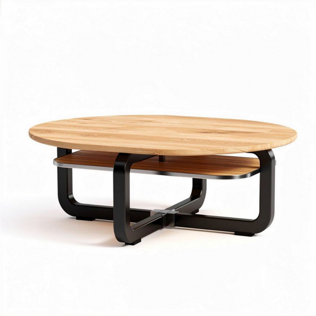 Table basse ronde en bois avec étagère en métal noir 100 x 100 x 40cm